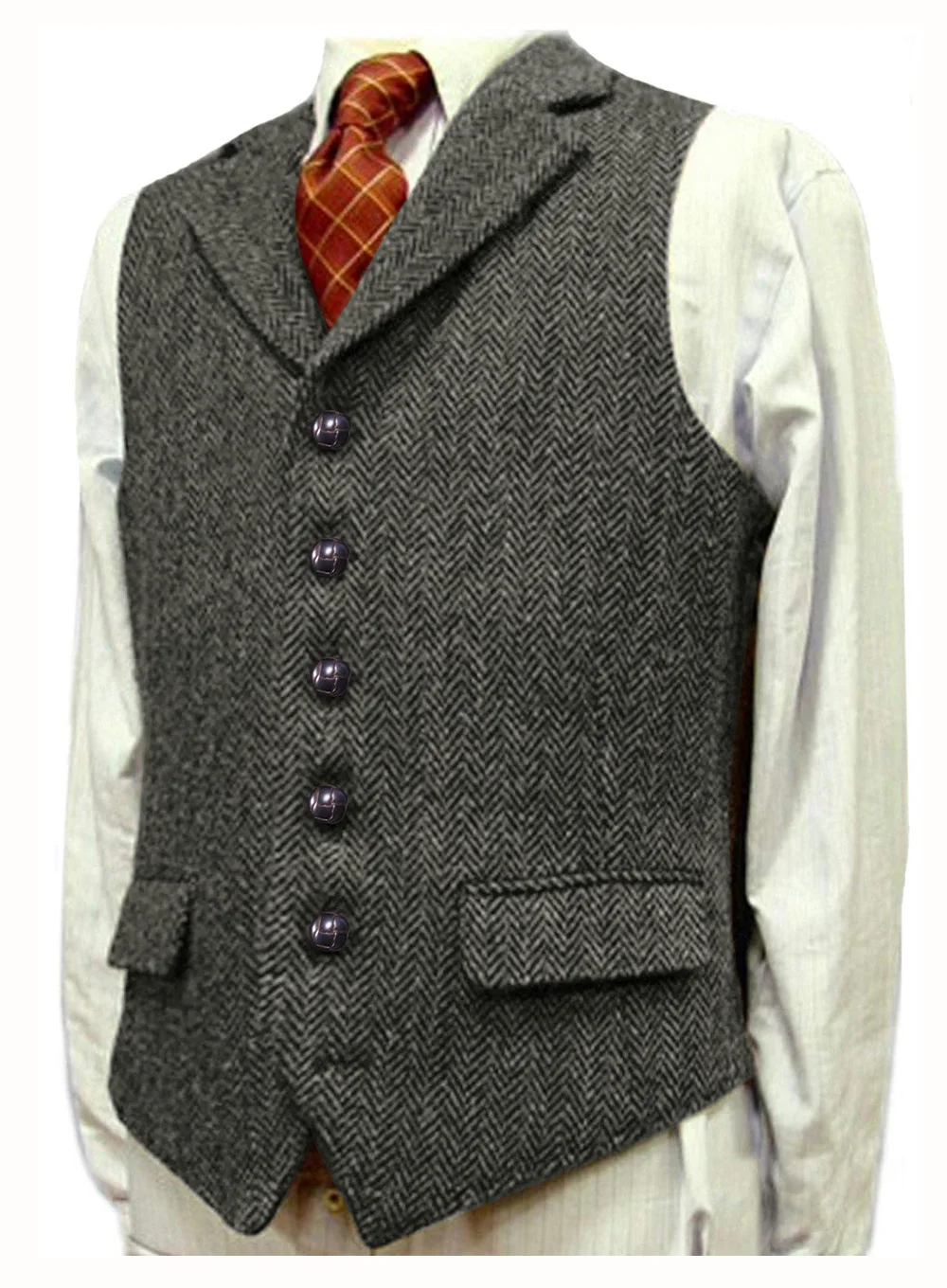 Herringbone Men\'s Vests V Neck Boutique Herringbone Wool Tweed Slim Fit Waistcoat Casual Formal Business Groomman for Wedding