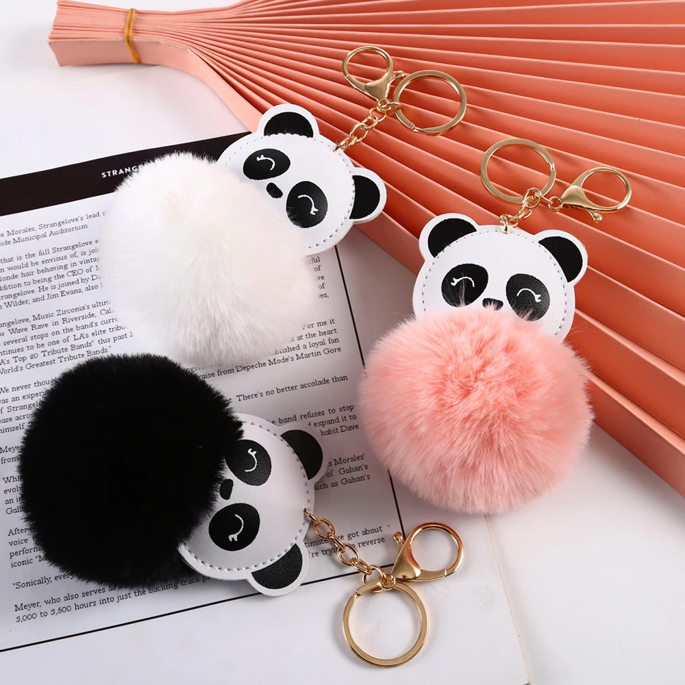 New Fashion PU Leather Animal Panda Keychain Soft Faux Rabbit Fur Pompom Fluffy Hairball Key Chain Women Bag Hanging Decorations