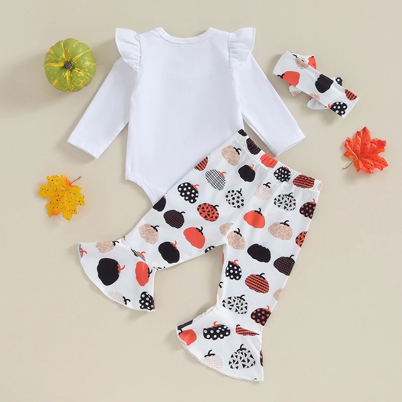 Infant Girl Halloween 3Pcs Outfit Letter Print Flying Sleeve Romper Pumpkin Flare Pants Bow Headband