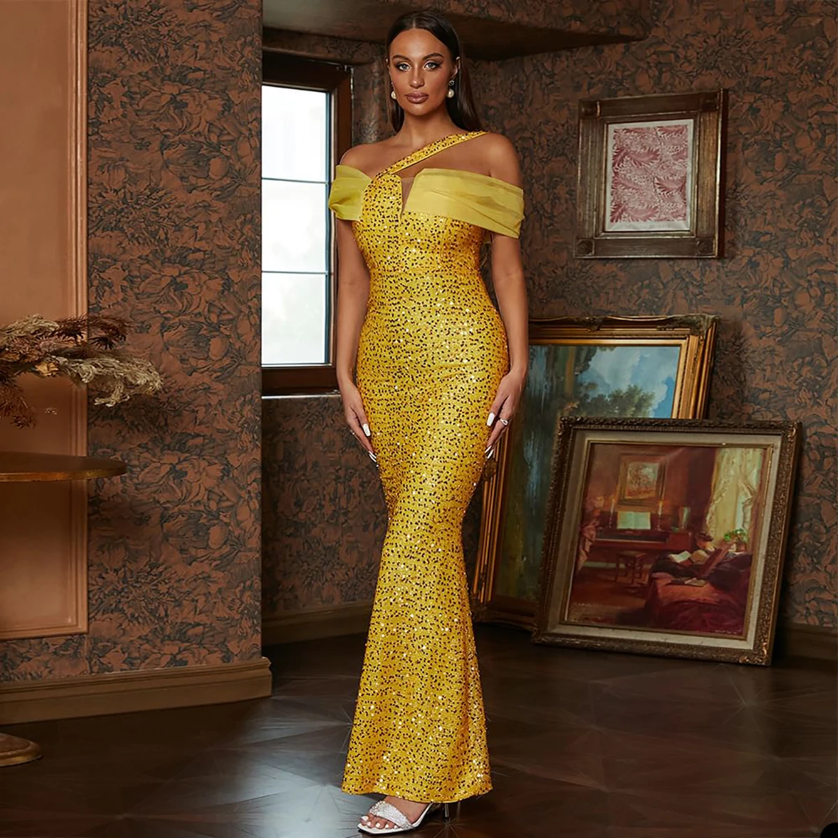 Robes de soirée sirène jaune vif pour femmes, robe de Rhà paillettes, robe longue gracieuse, exquise, tout sur mesure, initiée