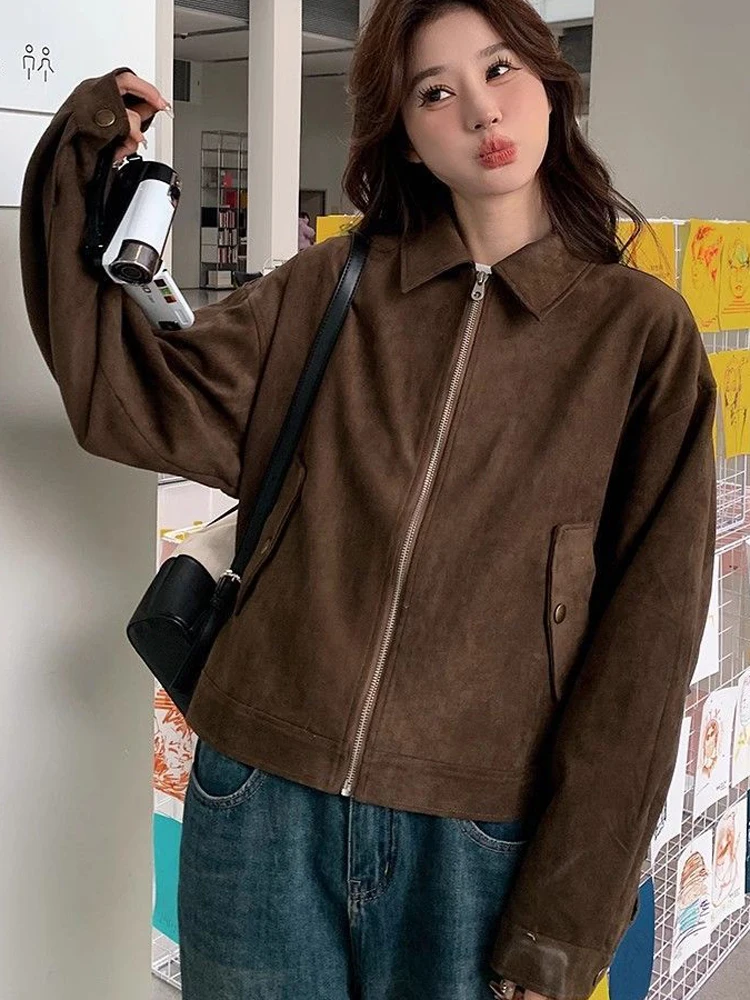 FSMG Vintage kávová semišová bunda s klopou pro ženy, ležérní dlouhý rukáv, kapsa na zip, oříznutý kabát, módní high street outfit - náhled 4