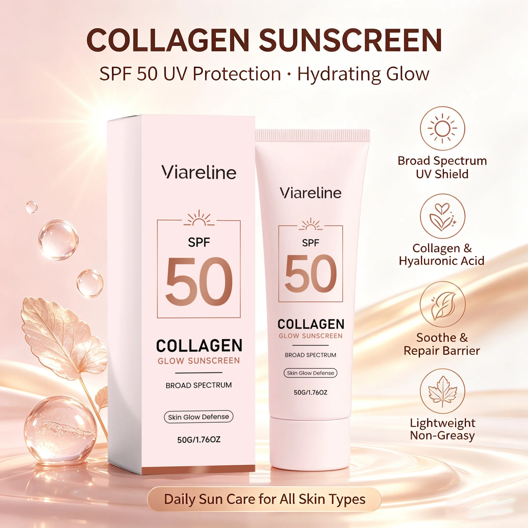 Collagen Glow Sunscreen SPF 50 Lightweight Body Protector Solar Lotion Long-Lasting Non-Greasy Daily UV Protection Sun Sunblock