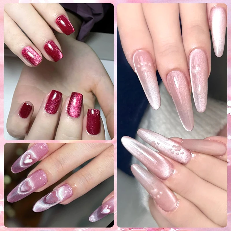 7/9개 젤리 핑크 레드 캣 마그네틱 젤 네일 폴리쉬 세트 하트 캣 마그네틱 세미 퍼머넌트 UV 젤 바니쉬 소프트 오프 네일 용품