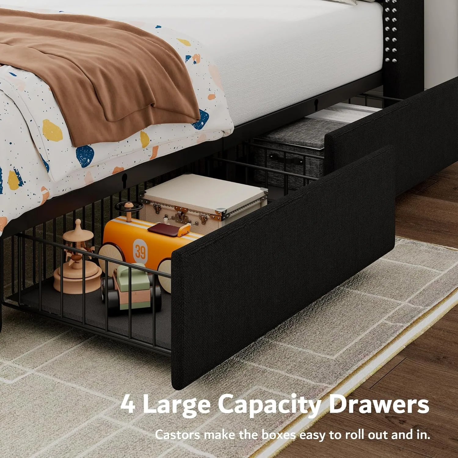 King Storage Bed Frame with 4 Drawers, Upholstered Bed Frame with Minimalist.No Box Spring Needed, Black