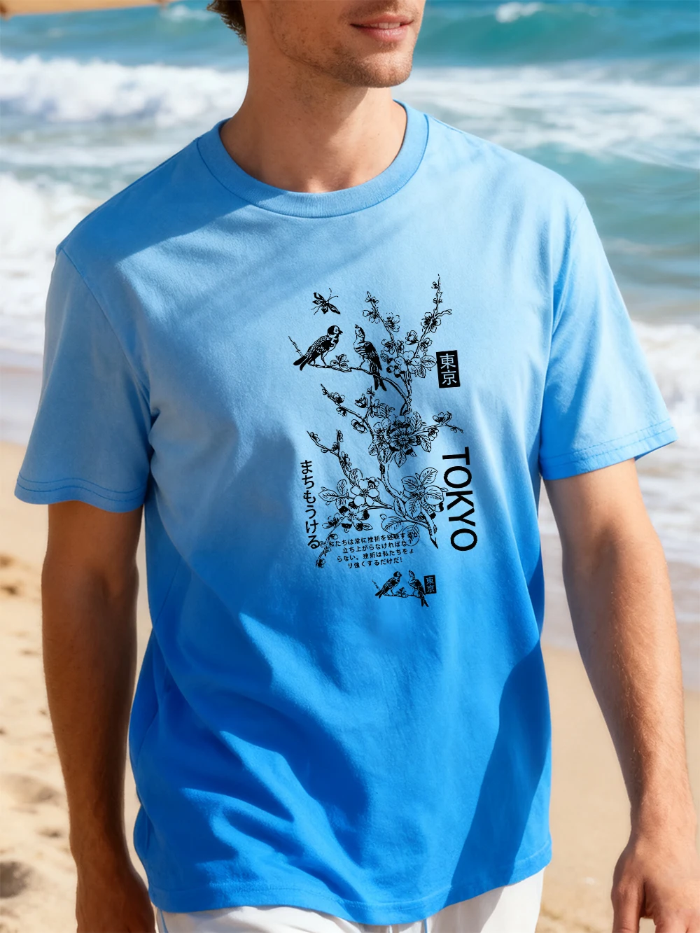 

Tokyo Cherry Blossom Bird Cotton Gradient Dye T-Shirt Womens Summer O-Neck Tops Oversized Short Sleeve T Shirts Trend Clothes