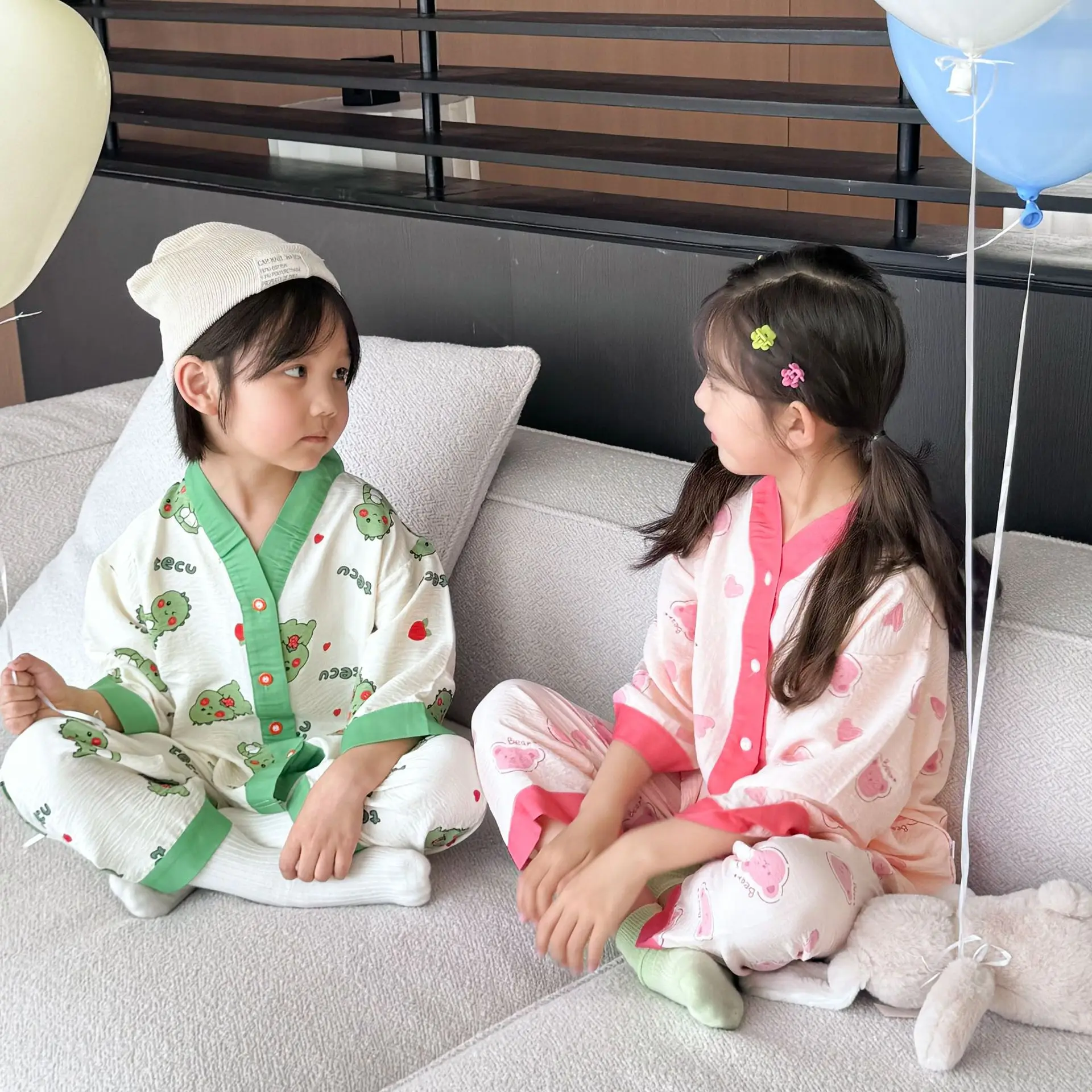 

Children's cloud cotton thin home clothes boys and girls outer wear summer pajamas baby three-quarter sleeve suit air-conditioned clothes