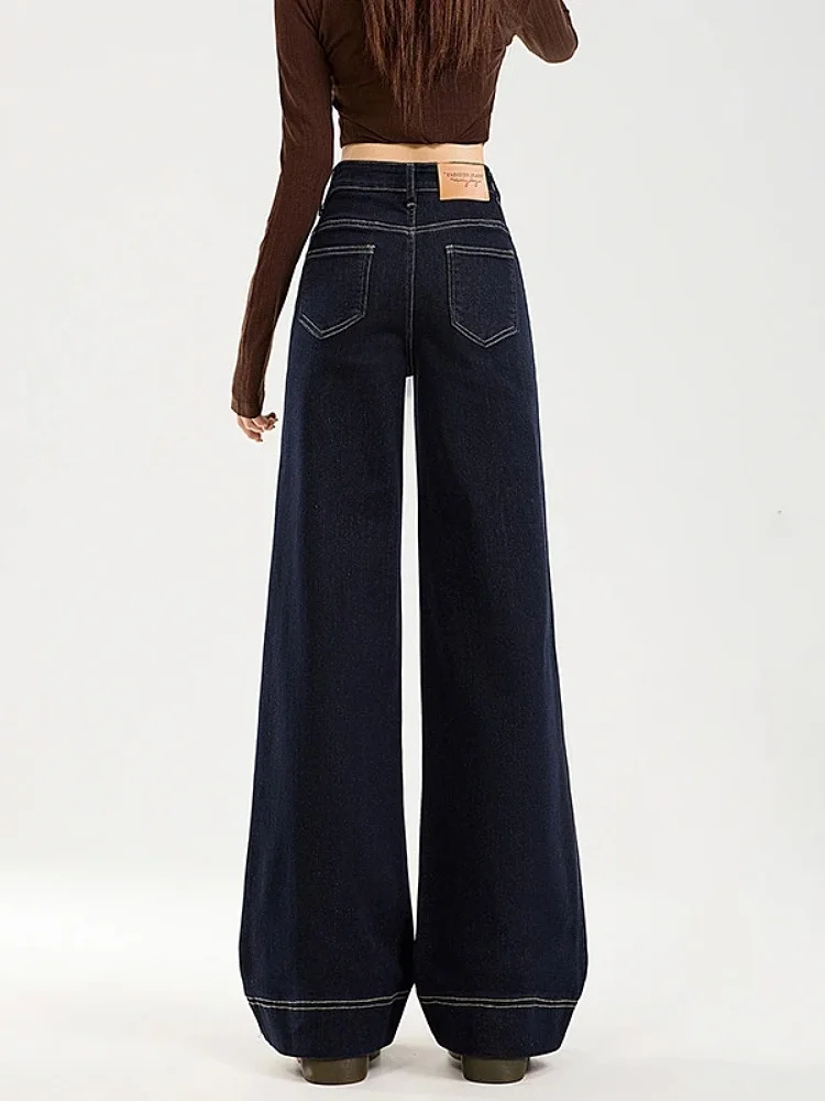 Calça jeans feminina anti-desbotamento, perna larga, americana, corte solto, elástica, preguiçosa, queimada, até o chão, calças de emagrecimento