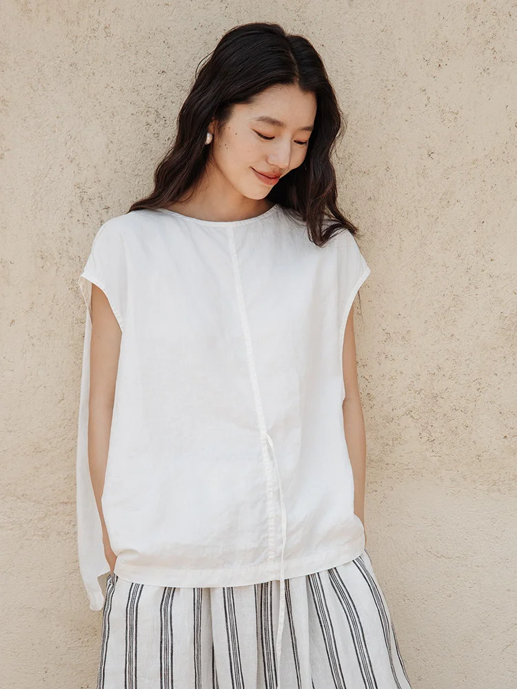 Blooming 530 Black White Grey Summer Crisp Sweet High Density Linen Design Sense Belted White Sleeveless Small Shirt