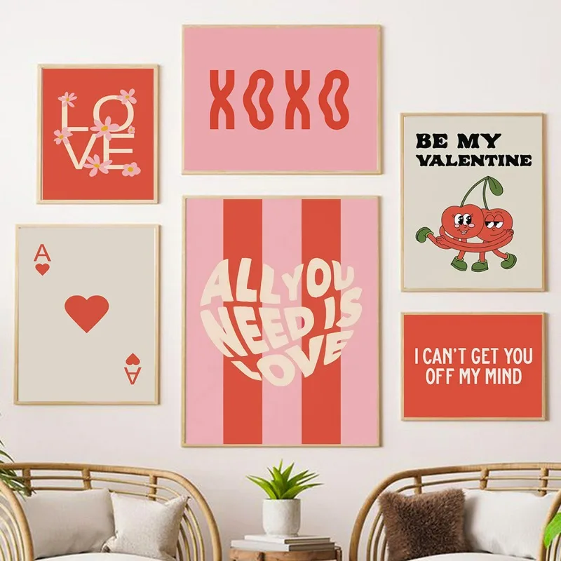 

Valentine's Day Love Heart Fashion Wall Art Cherry Personalised Print Poster Pink Alphabet Bedroom Hallway Decorative Painting