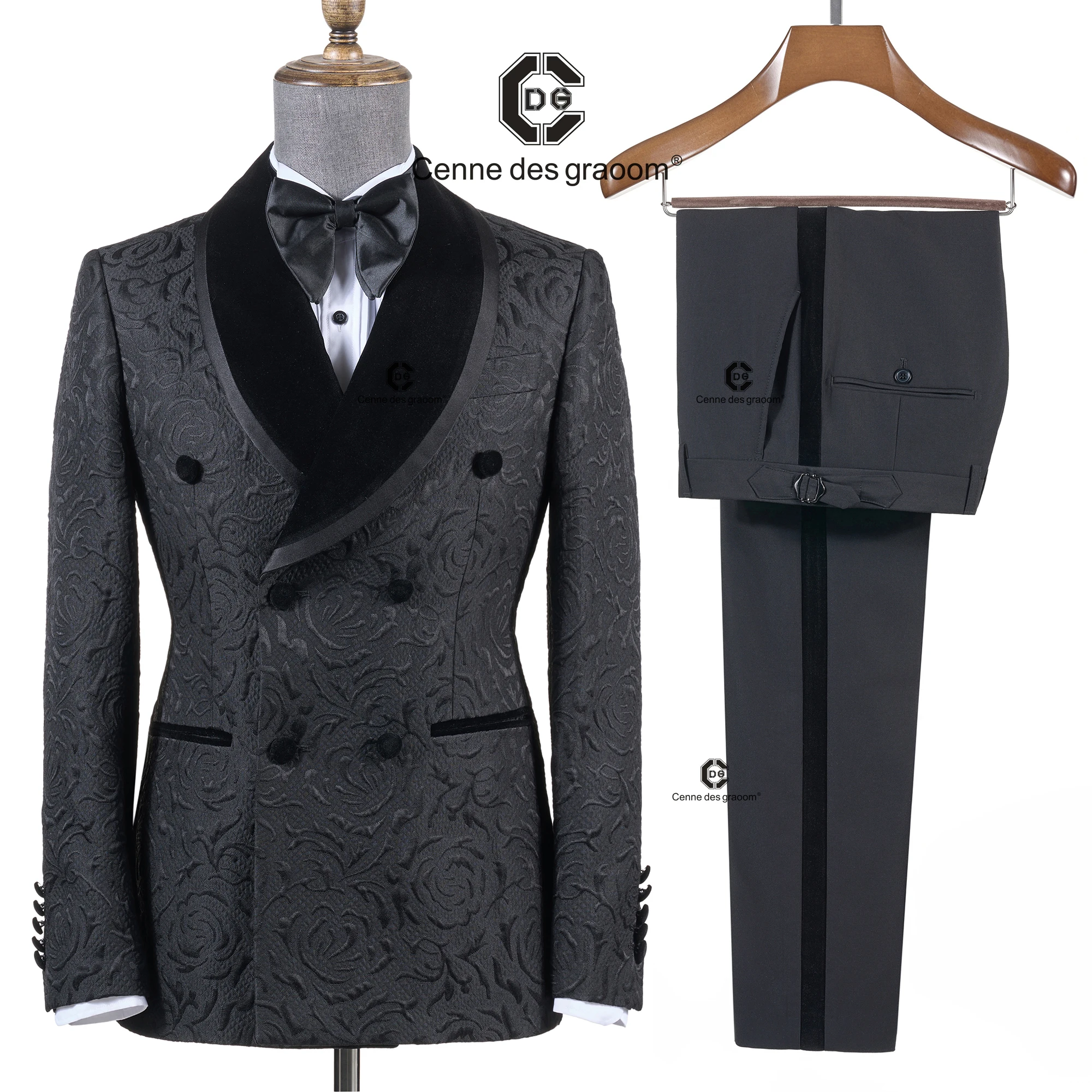 

Cenne Des Graoom 2025 Elegant Luxury Black Ivory Paisley Tuxedo Double Breasted Men Suits Jacket Trousers 2 Pieces Wedding Party