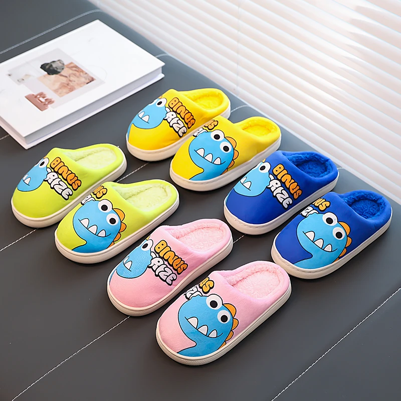 

Детские хлопковые тапочки для детей 3-18 лет, теплая меховая обувь желтой акулы для мальчиков и девочек, зеленая нескользящая детская хлопковая обувь на плоской подошве