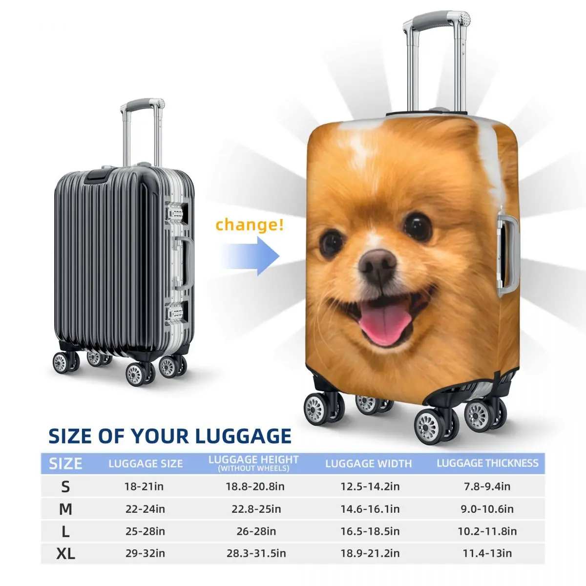 Happy Fluffy Orange Pomeranian Print bagagli parapolvere protettive copertura elastica impermeabile per valigia accessori da viaggio