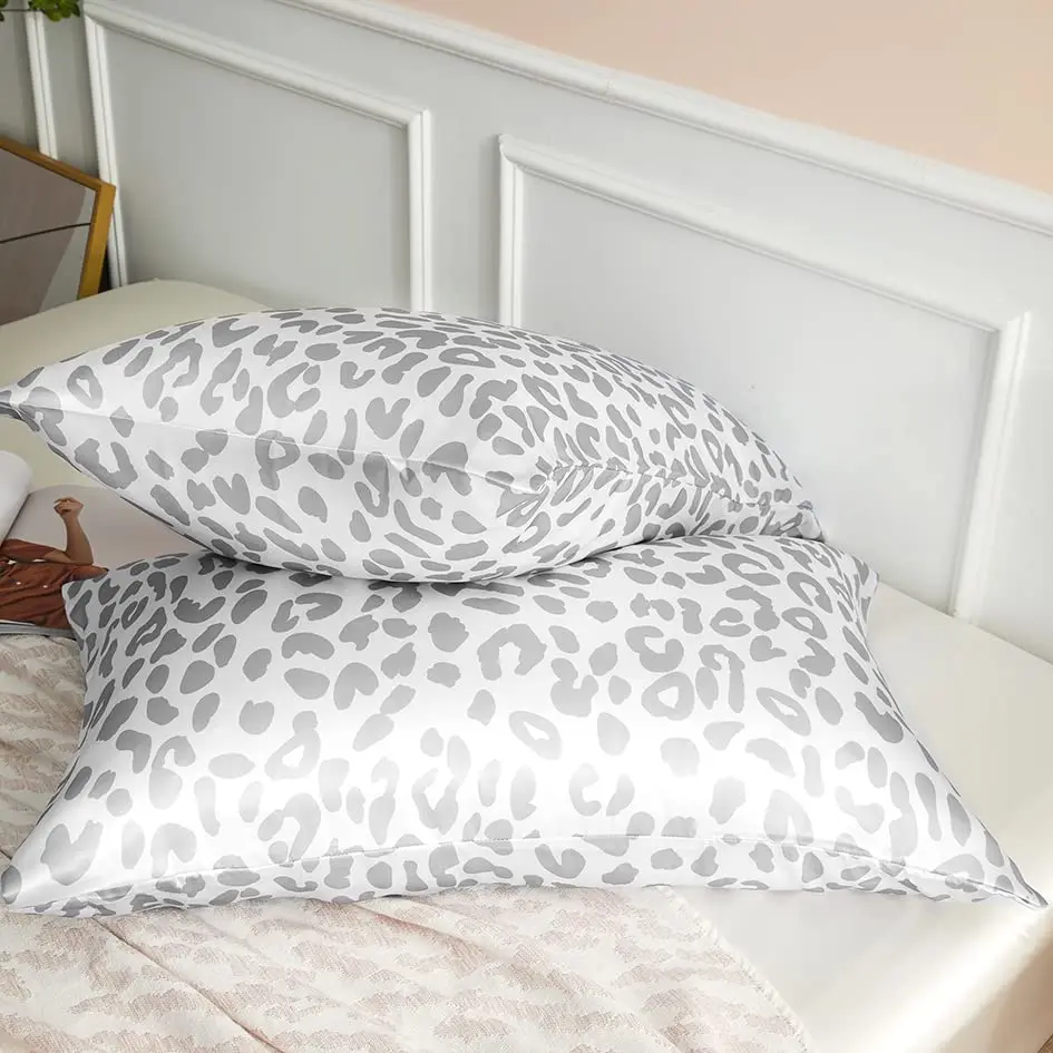 Satin Pillowcase for Hair & Skin, Grey Leopard Printed Pillow Cases Set of 2, Silk Satin Pillow Covers with Envelope Closure