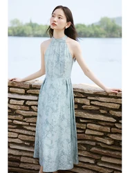 ZIQIAO New Chinese Style Jacquard Halter Neck Lace-up Women Dress 2024 Summer New Ladies Elegant Blue Long Dress 24ZQ92370