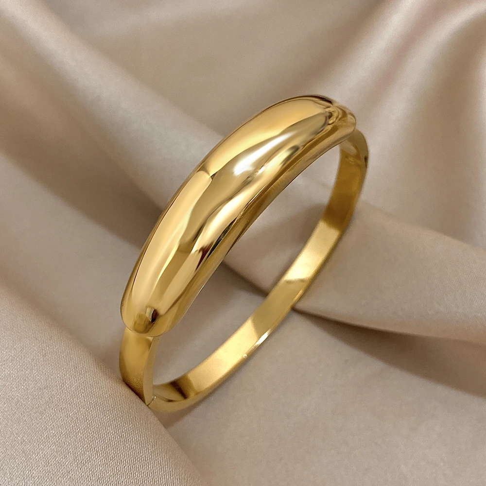 FLASHBUY Fashion Chunky Geometry Smooth Golden Thick Stainless Steel Bangles Bracelet Stackable Wrist Jewelry Gift