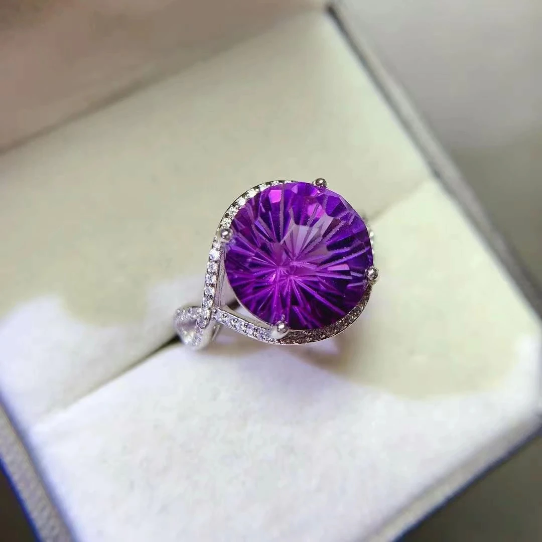 Fabulous Natural Amethyst Ring for Party 12mm 6ct Natural Amethyst Jewelry 18K Gold Plated 925 Silver Cocktail Ring