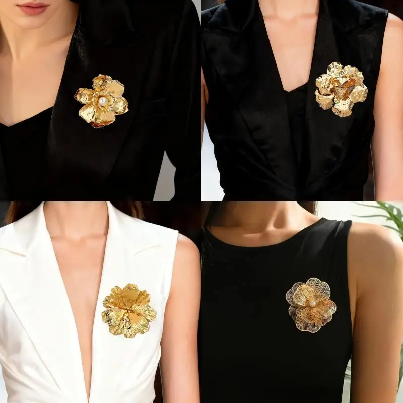1Pcs Women Large Statement Elegant Collar Accessory Luxury Retro 3D Layered Golden Flower Brooch For Party Wedding Daily