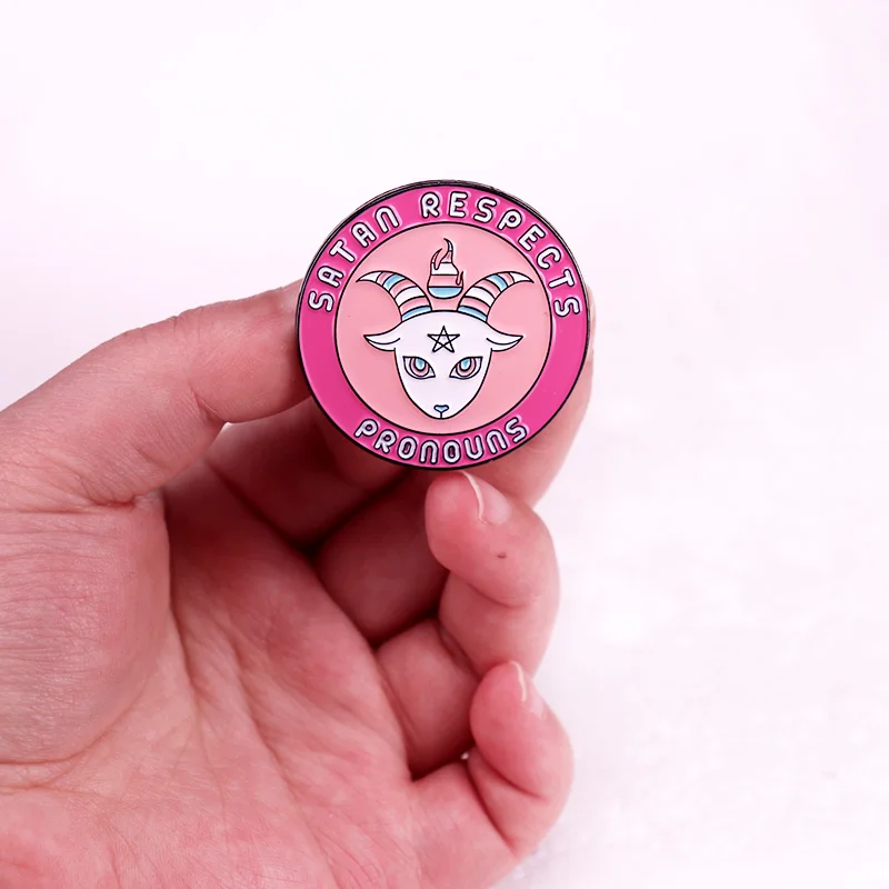 Satan Respects Pronouns Enamel Pin Trans Pride Button Badge Brooch Pastel Goth Transgender Satanist Ally LGBTQ Pride Jewelr view 4