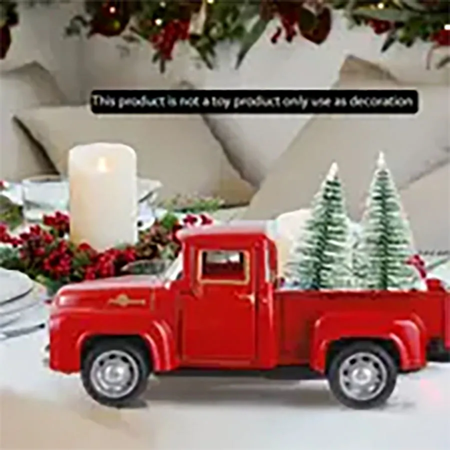 1pc Red Truck Christmas Decor, Vintage Christmas Truck With Mini Christmas Trees For Christmas, Red Metal Pickup Truck Car Model