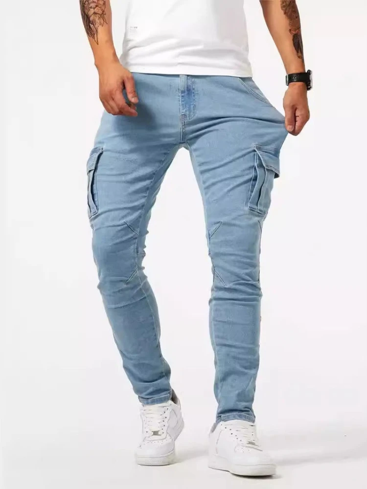 

Men Elastic Streetwear Cargo Pants Jeans Wash Multi Pockets Y2k Mid Waist Casual Denim Trousers Slim Fit Male Clothes Joggers