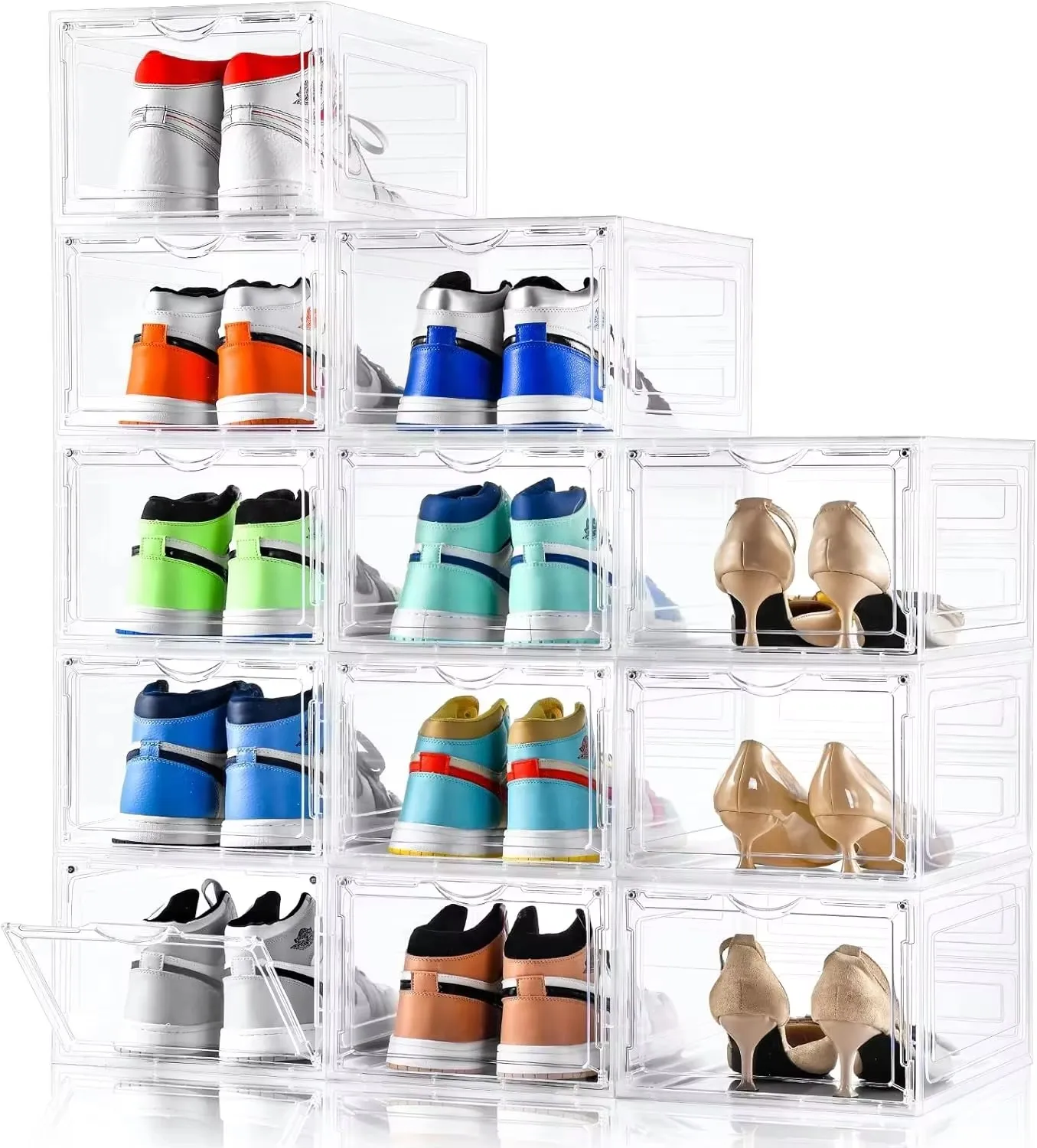 6/9/12 pack clear rack Space-Saving Magnetic Shoe Storage Box with Flip Cover, Stackable Clear Shoe Organizer for Home/Office