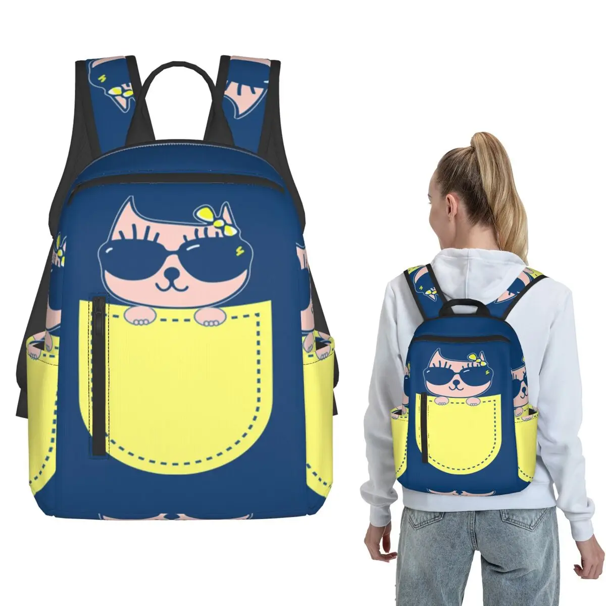 

Cat In Pocket Backpack Large Capacity Kids BookBag School Bag Shoulder Bags for Men Women