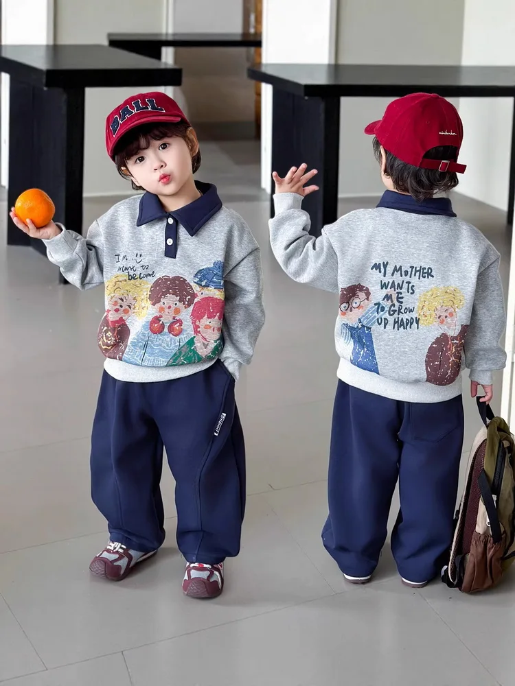 Spring Autumn Children'S Sports Suit Boys Lapel Print Sweatshirt + Pants 2pcs Outfit Fashion Boys Students Tracksuit 2-10 Year