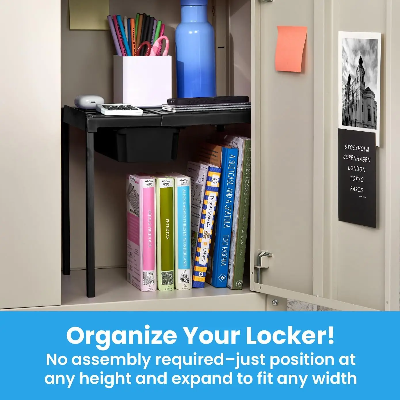 Adjustable Locker Shelf with Drawer, Extends to Fit Any Locker, Black Organizer for Easy Storage
