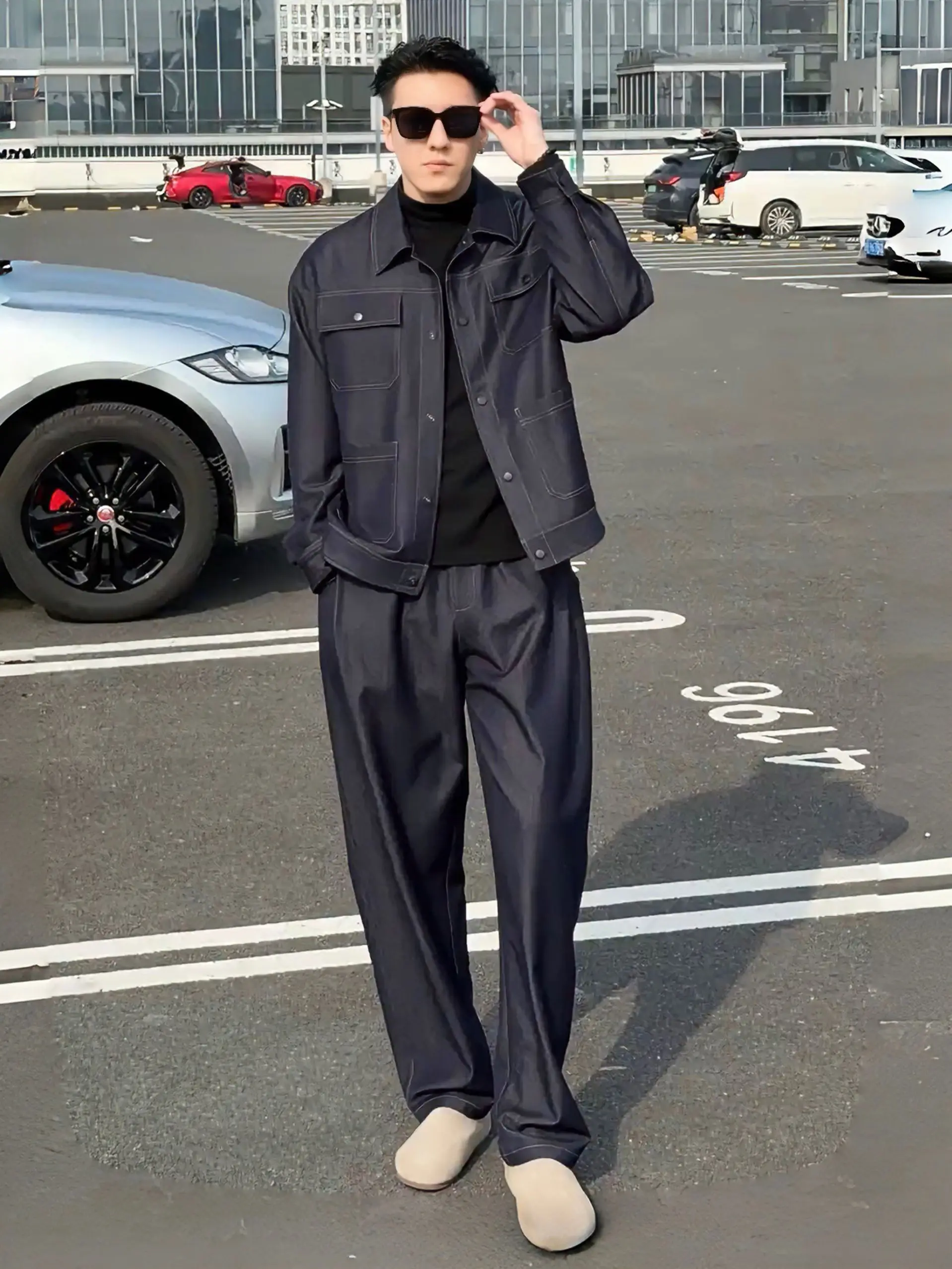 

Spring New Arrival Minimalist Style Men's Denim Casual Set Loose Collar Jacket Long Pants High Quality Fashionable