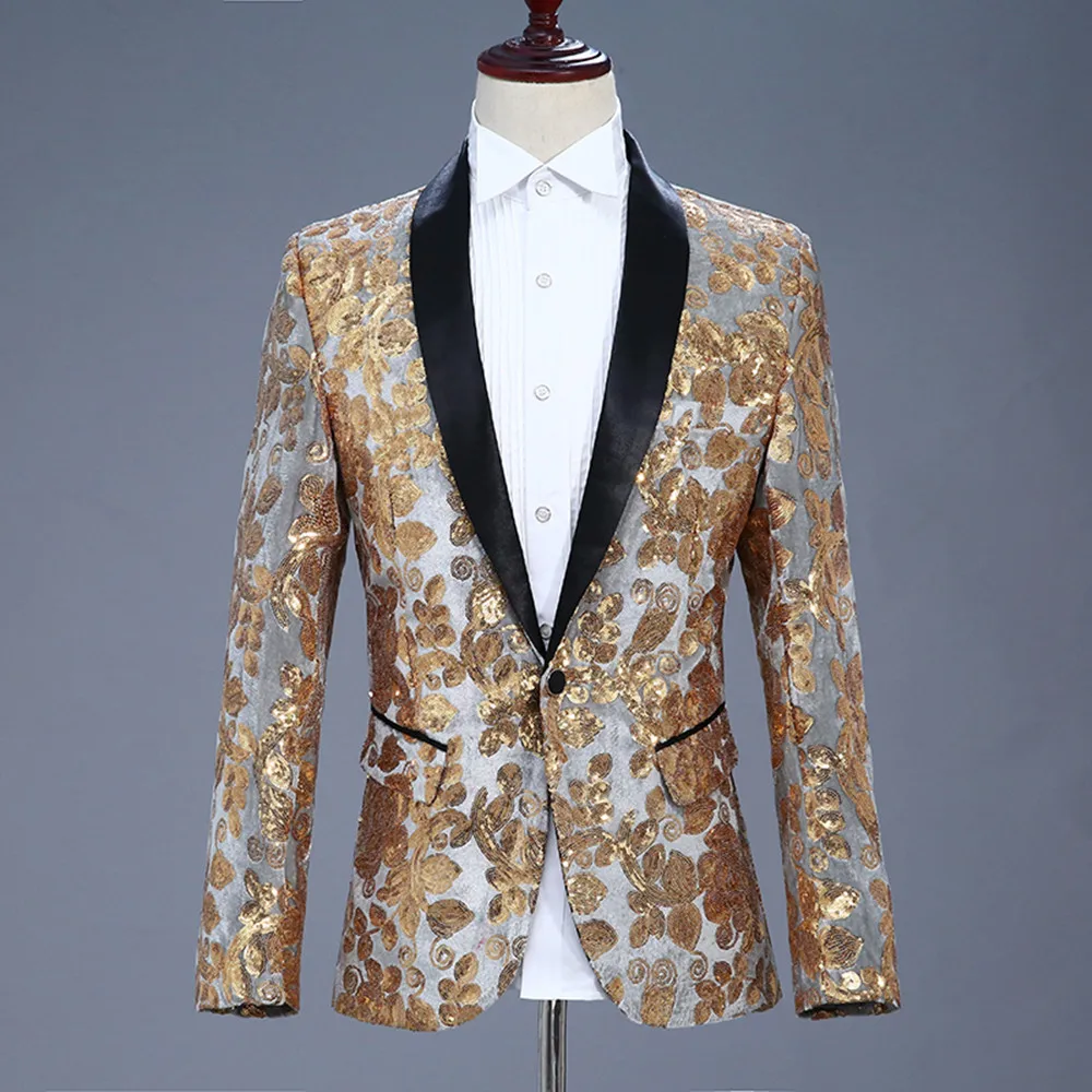 Men Fashion Velvet Sequins Floral Pattern Suit Jacket Blazer Luxury Brand Stage Clothing Slim Fit Tuxedo