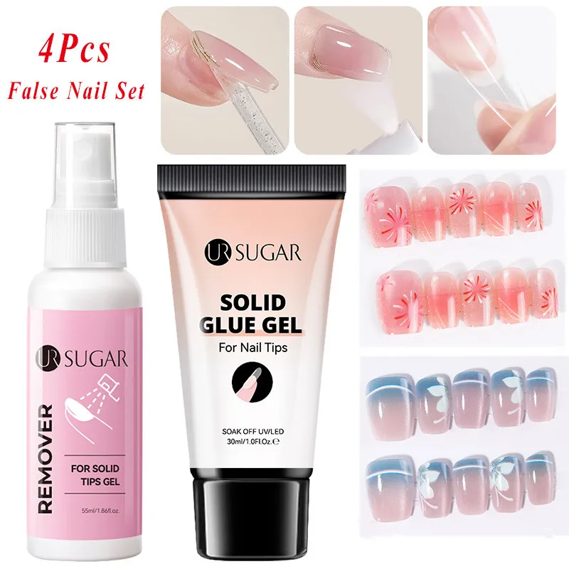 

UR SUGAR 3/4pcs Flase Nails Set Handmade Press On Nails Solid Glue Gel Remover Short Full Cover Artificial Nail Tips Removable