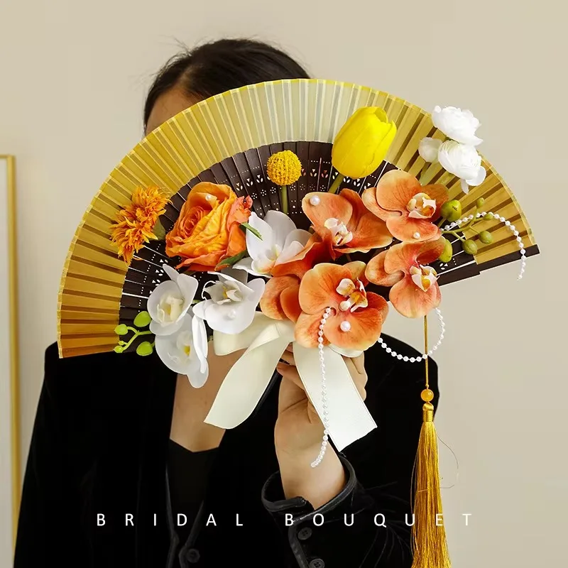 Bridal Bouquet Folding Handheld Fan Chinese Style Flower Bridal Hand Fan
