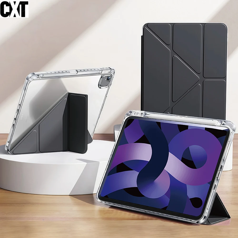 for iPad Air 4/5/6/7 M2 M3, Y-Shaped Stand Case,Slim Stylish Clear for ipad Case with Pencil Holder, Mutil Angles Folding Cover