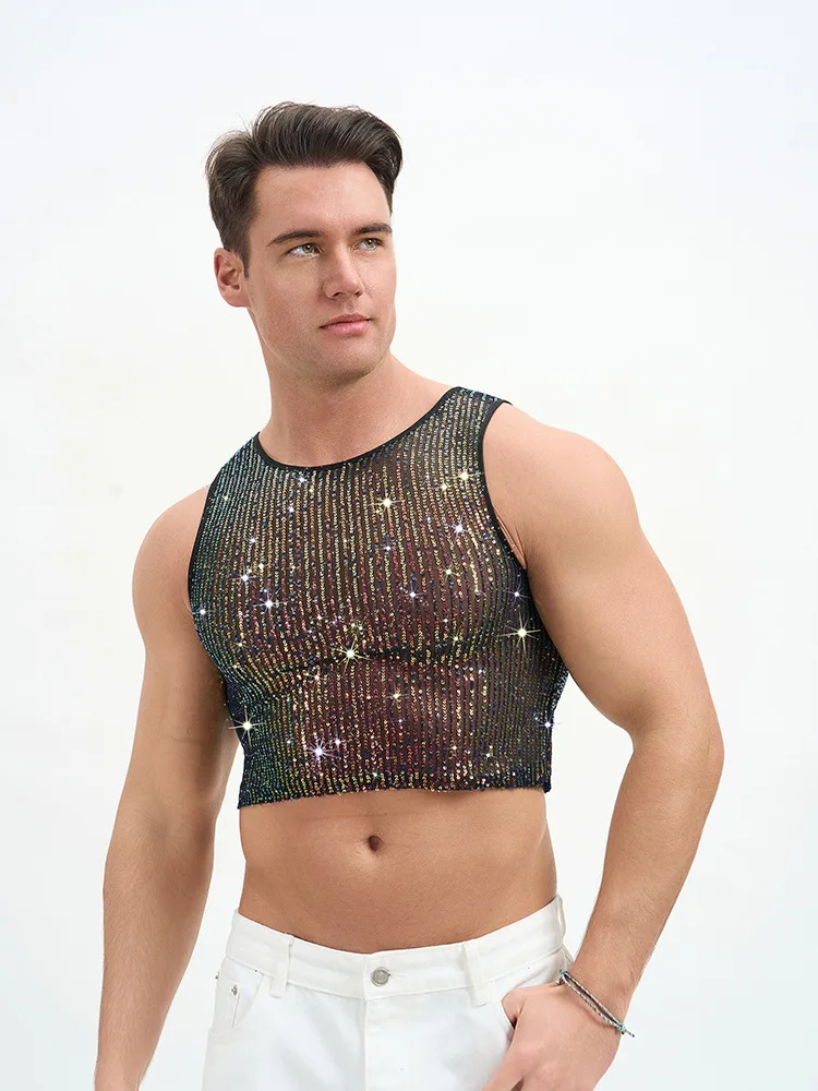 2026 New Arrival Men Silver Sequin Rhinestone Tank Top Nightclub Party Sleeveless Glitter Vest Crop Top Stage Show Costume