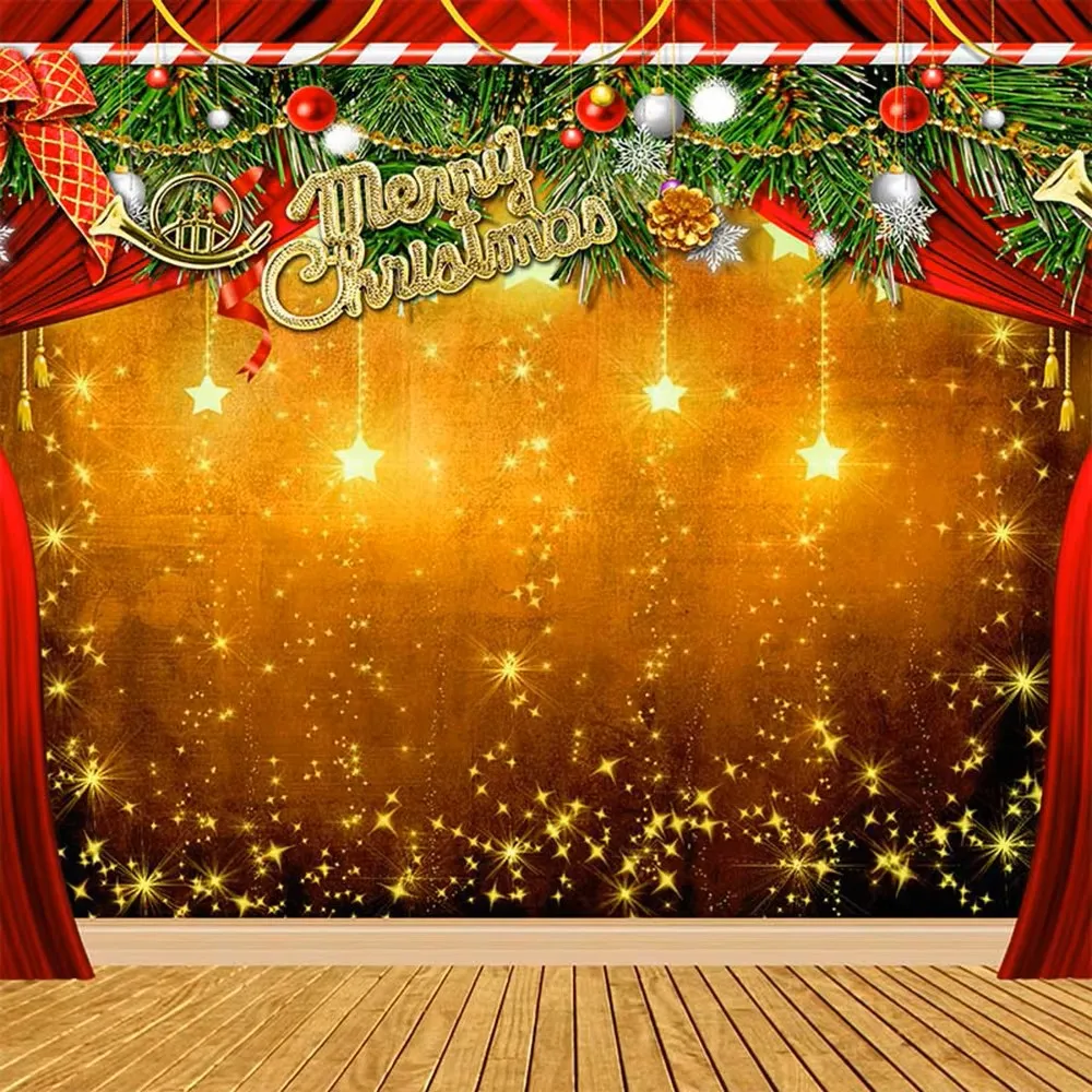 

Merry Christmas Backdrop Wooden Floor Printed Glitter Stars Balls Green Leaves Red Curtains Xmas Party Stage Photo Backgrounds