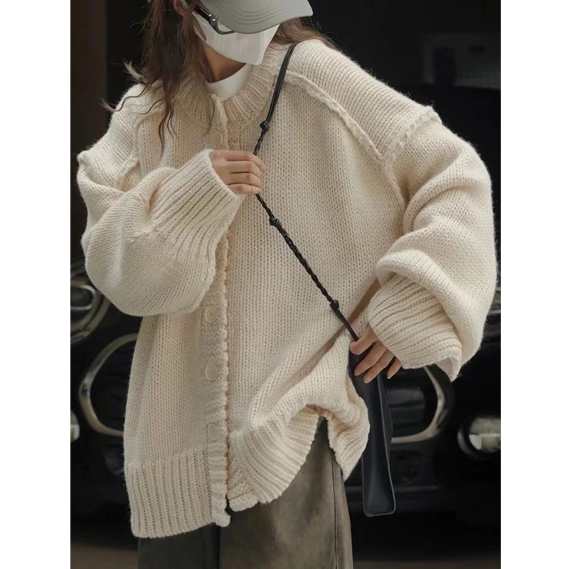 

Fashion Cardigan Sweater Autumn Winter Women Loose Long Sleeve Knitted Top Solid Color Fall Elegant Casual 2025 Knitwear Clothes