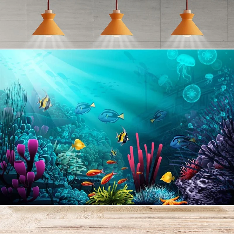 

Underwater Coral Reef Photography Background Ocean Under The Sea World Jellyfish Shipwreck Birthday Party Backdrop Wall Banner