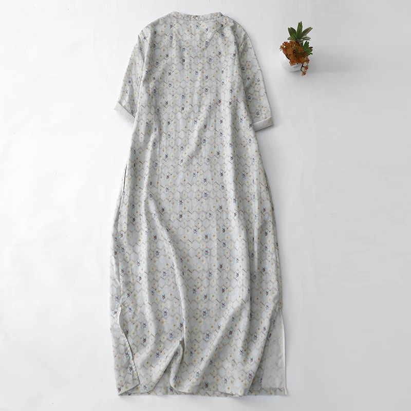 Ele vintage floral impressão linho midi dr Tee-Quarter Sve Age-Defng verão novo chinês sle commute cintura solta
