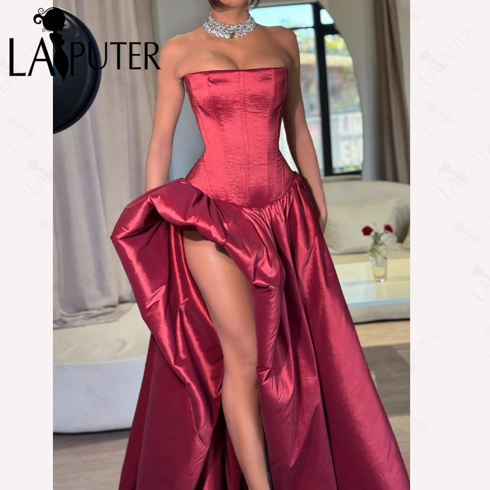 Soft Lustrous Satin Burgundy Prom Dress Boned Bodice Right-Side Raised Slit Fully Exposed Right Leg Sexy A-Line Evening Dress