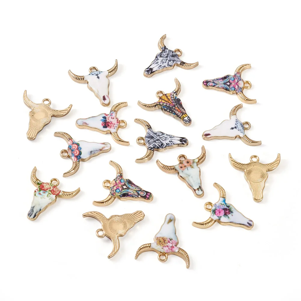 

20Pcs 10 Styles Zinc Alloy Enamel Animal Pendants Light Gold Color Cattle Head Charms for Earrings Necklace DIY Jewelry Making
