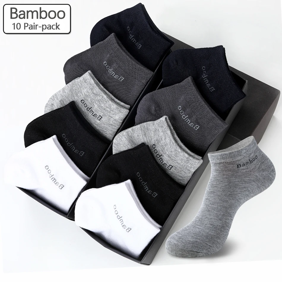 Meias masculinas de fibra de bambu, casual, respirável, antibacteriana, curta, de alta qualidade, nova, 10 pares por pacote