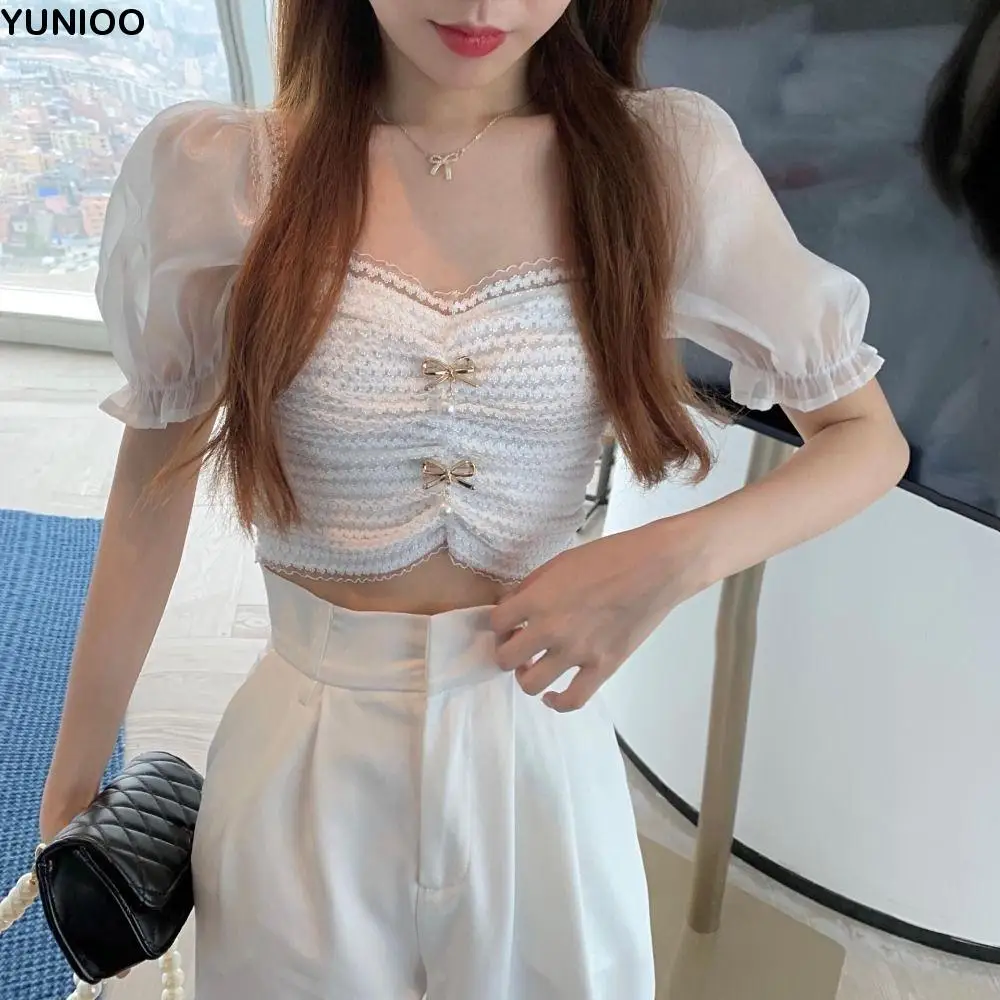 

Pleated Puff Sleeve Crop Top Knitwear Spicy Girl Style Lace Bow Knit T-shirt Female Clothing Slim Fit Sweet Top Women Female