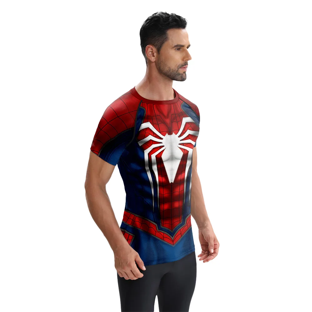 Рубашка супергероя, мужские футболки с принтом паука, летняя модная уличная быстросохнущая мужская компрессионная футболка с короткими рукавами серии «паук»