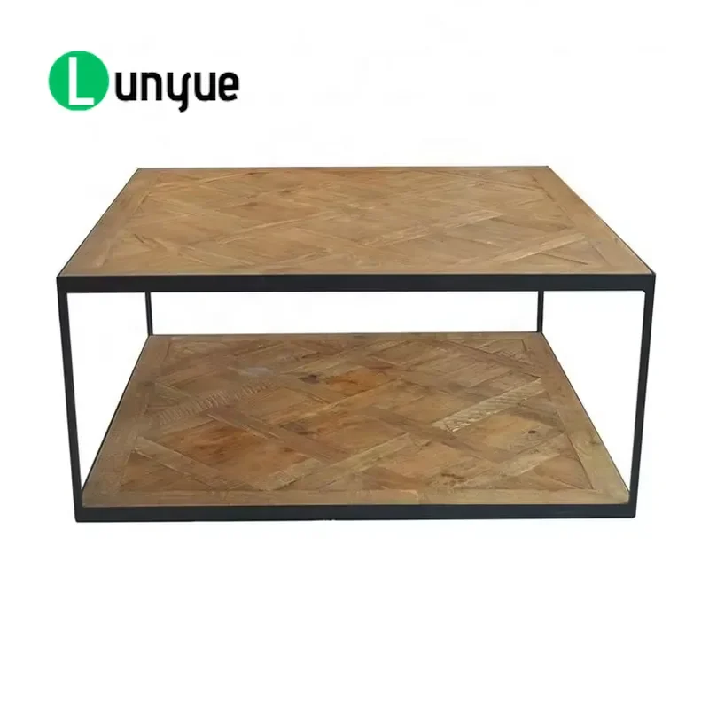 Industrial Style Square Coffee Table Recycled Solid Wood Top Iron Frame Large Parquet Design With Storage Rack For Living