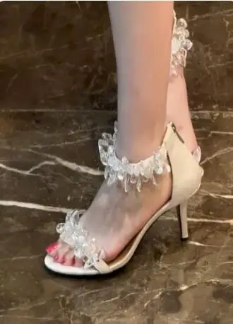 White Clear Crystal Rhinestone One Line Buckle Strap Sandals Cover Heel Round Open Toe 8/10 CM Thin Heels Bride Wedding Shoes