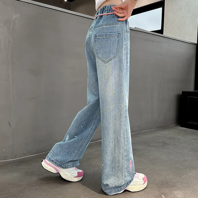 Mädchen süße Jeans mit sprüh lackierten Graffiti-Design neue Mode Denim Hose mit weitem Bein Frühling Herbst Teen Schul hose