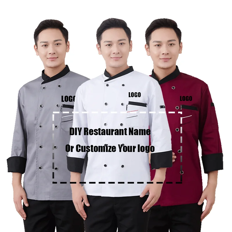 Custom Logo Men Chef Jacket Tunic Workwear Kitchen Coat Autumn Catering Uniforms With Hat For Restaurant Cooks