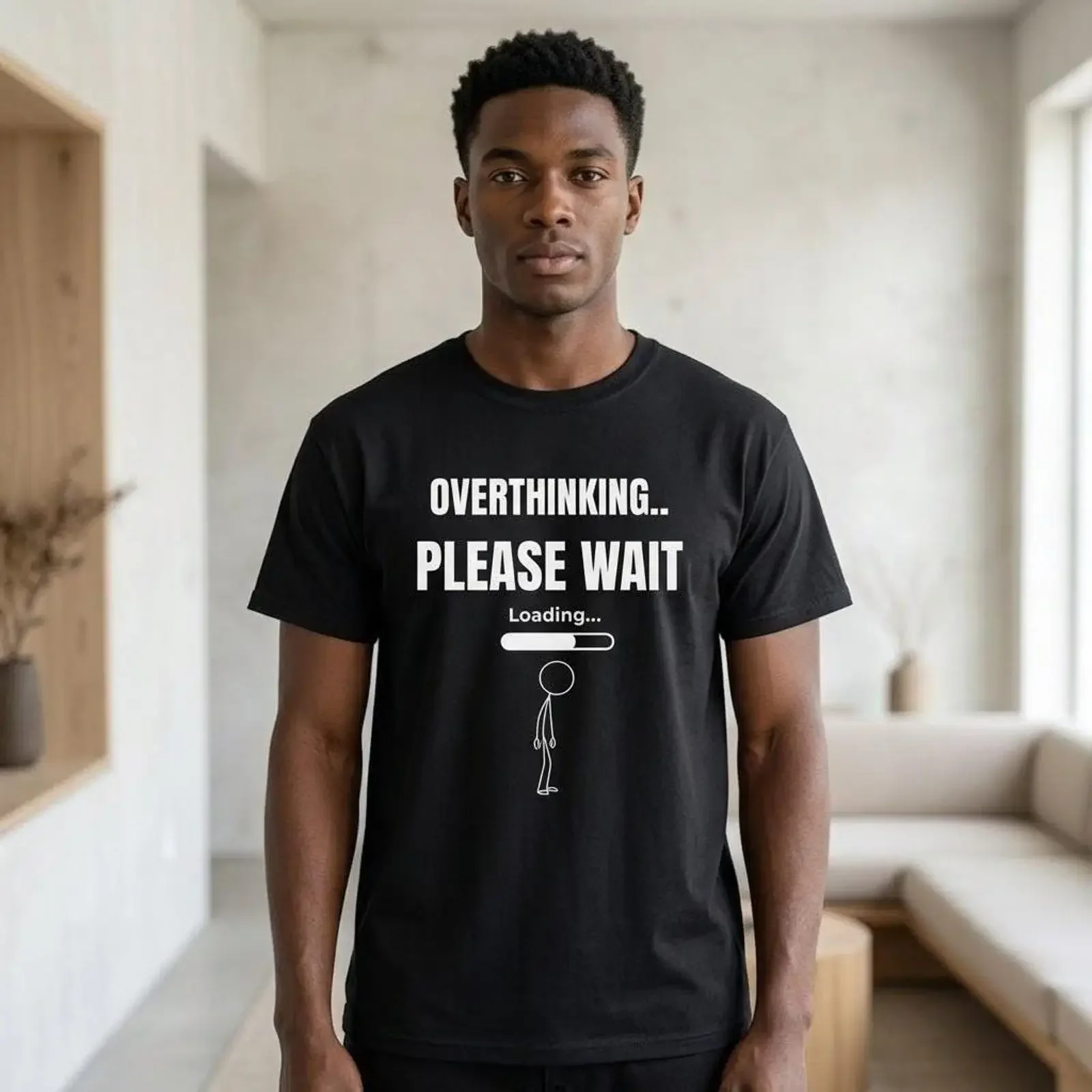 Overthinking Please Wait Black T Shirt Minimalist IntroverT Funny Social Battery Quiet Mind Humor  vintage Washed