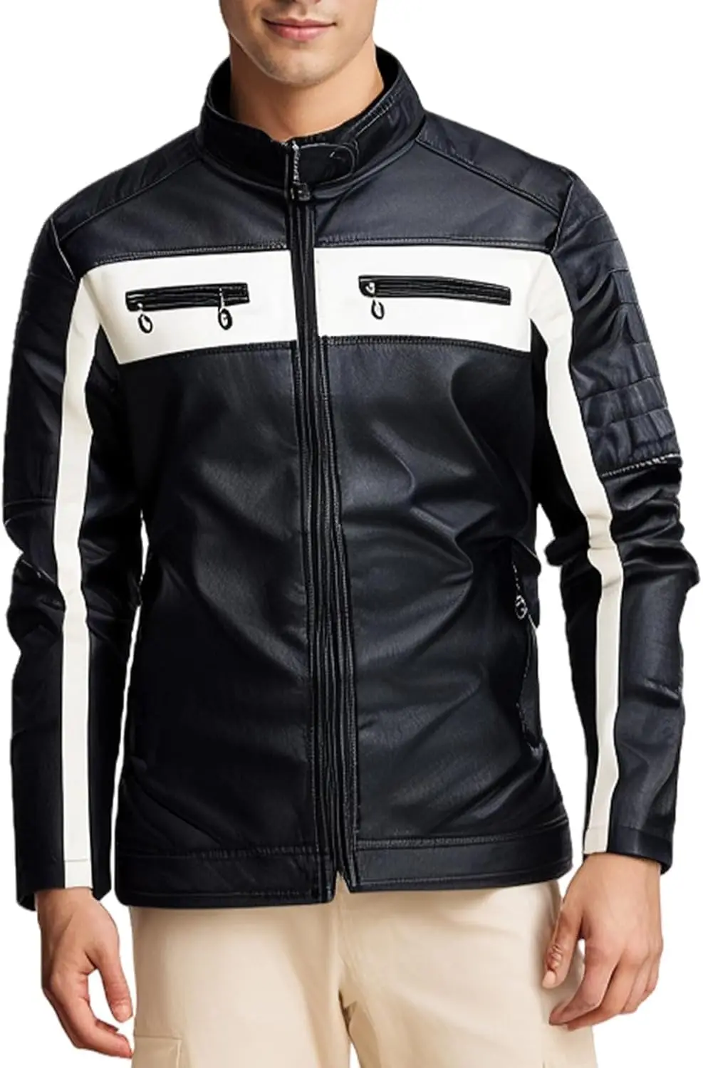 

Chaqueta de Cuero Hombre Invierno - Estilo Retro Motociclista con Cuello Alto, PU Antiviento para Outdoor (Bolsillos Múltiples)