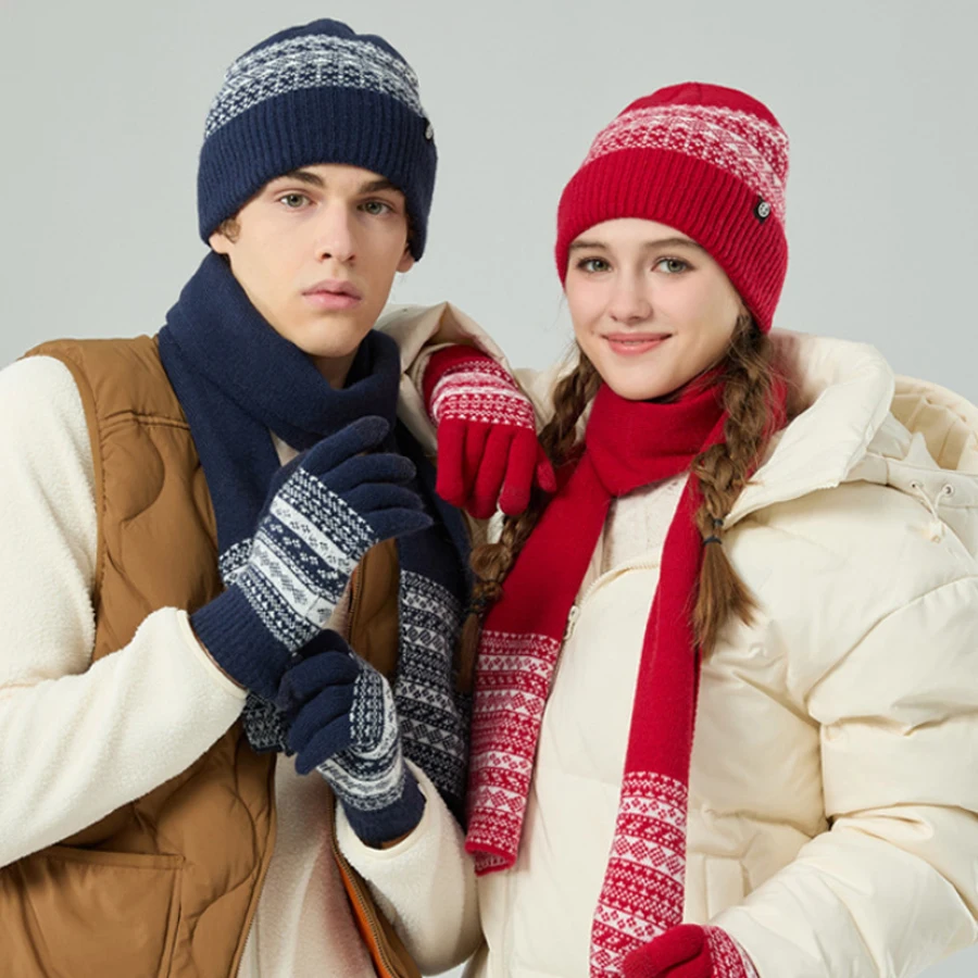 Damskie Męskie 3-częściowe Zestawy Zimowe Czapka Szalik Rękawiczki Dzianinowe Czapki Zestaw Klasyczna Krata Paski Długi Szalik Rękawiczki Dotykowe Czarny Czerwony Szary